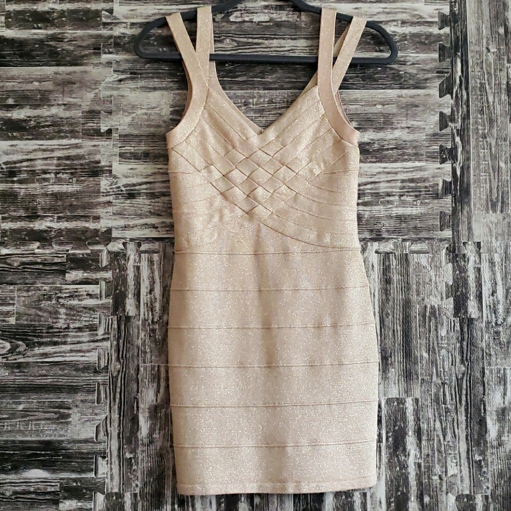 Golden Sparkle fitted Bodycon cocktail Dress Stretchy MED